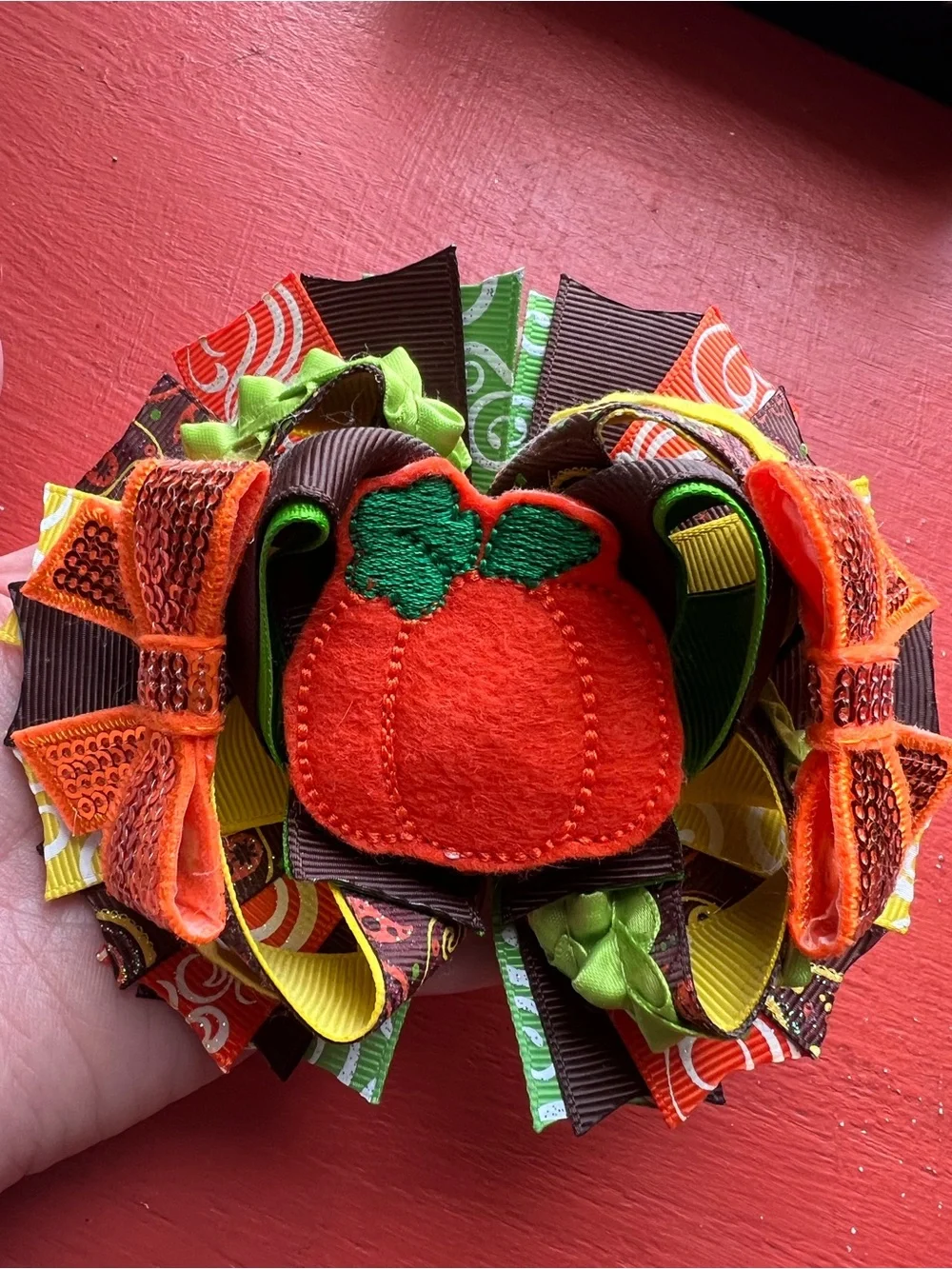 Pumpkin Ribbon Hair Bow for Kids - Orange